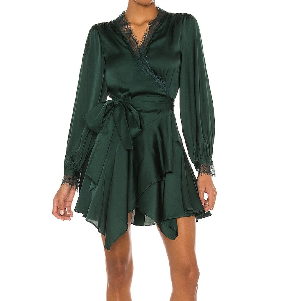 Lovers + Friends mini dress, front wrap tie, asymmetrical cut, lace trim, size S